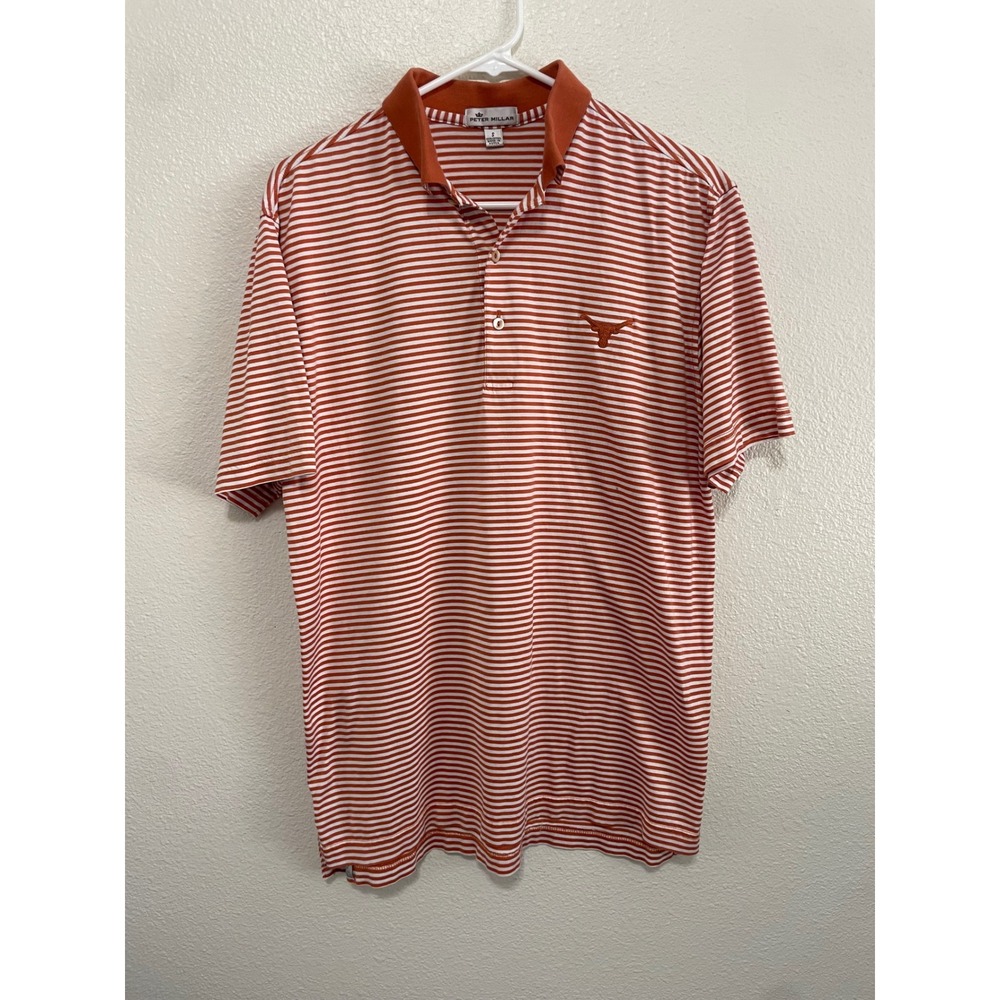 Peter Millar Polo Shirt Mens S Orange Excellent Striped UT Longhorns Cotton